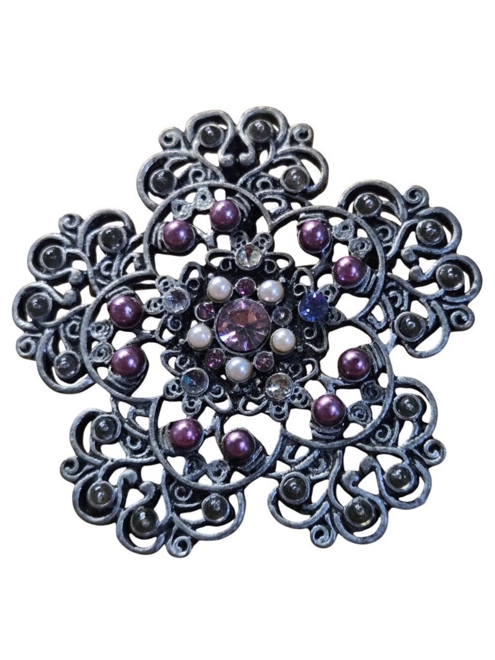 Vintage Mid Century Silvertone Filigree Seed Pearl Brooch Pearl Enhancer